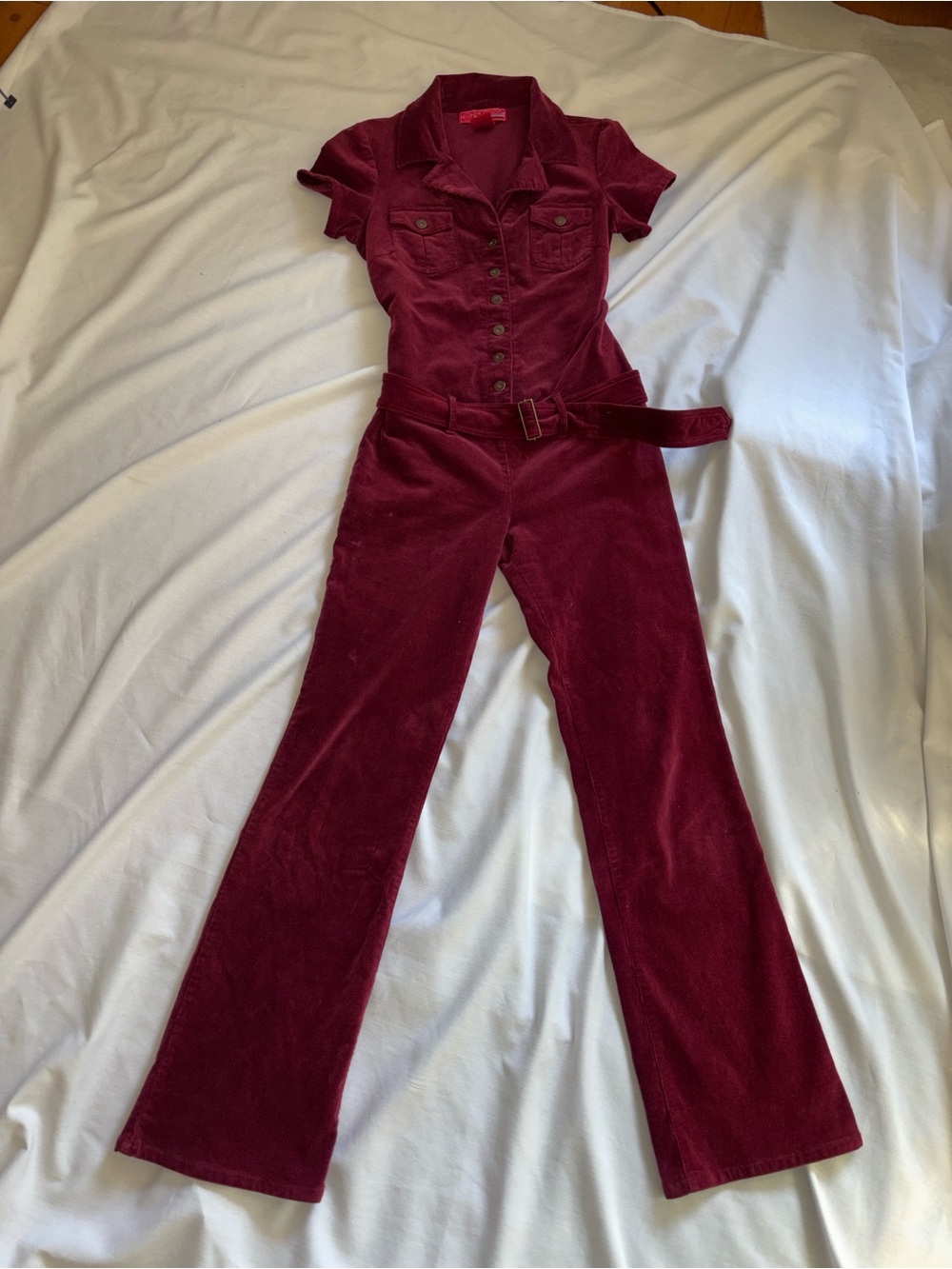 Hot Kiss Corduroy Burgundy Jumpsuit with Belt